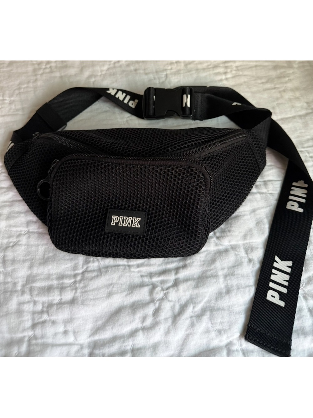 PINK Victoria's Secret Black Mesh Belt Bag with Logo Strap